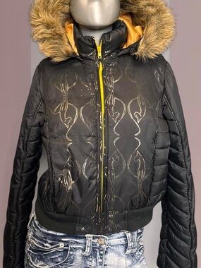 Baby Phat Vintage Y2K Black & Gold Faux-Fur Trim Puffer Jacket